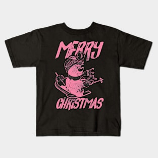 Skiing Snowman - Merry Christmas - Pink Kids T-Shirt